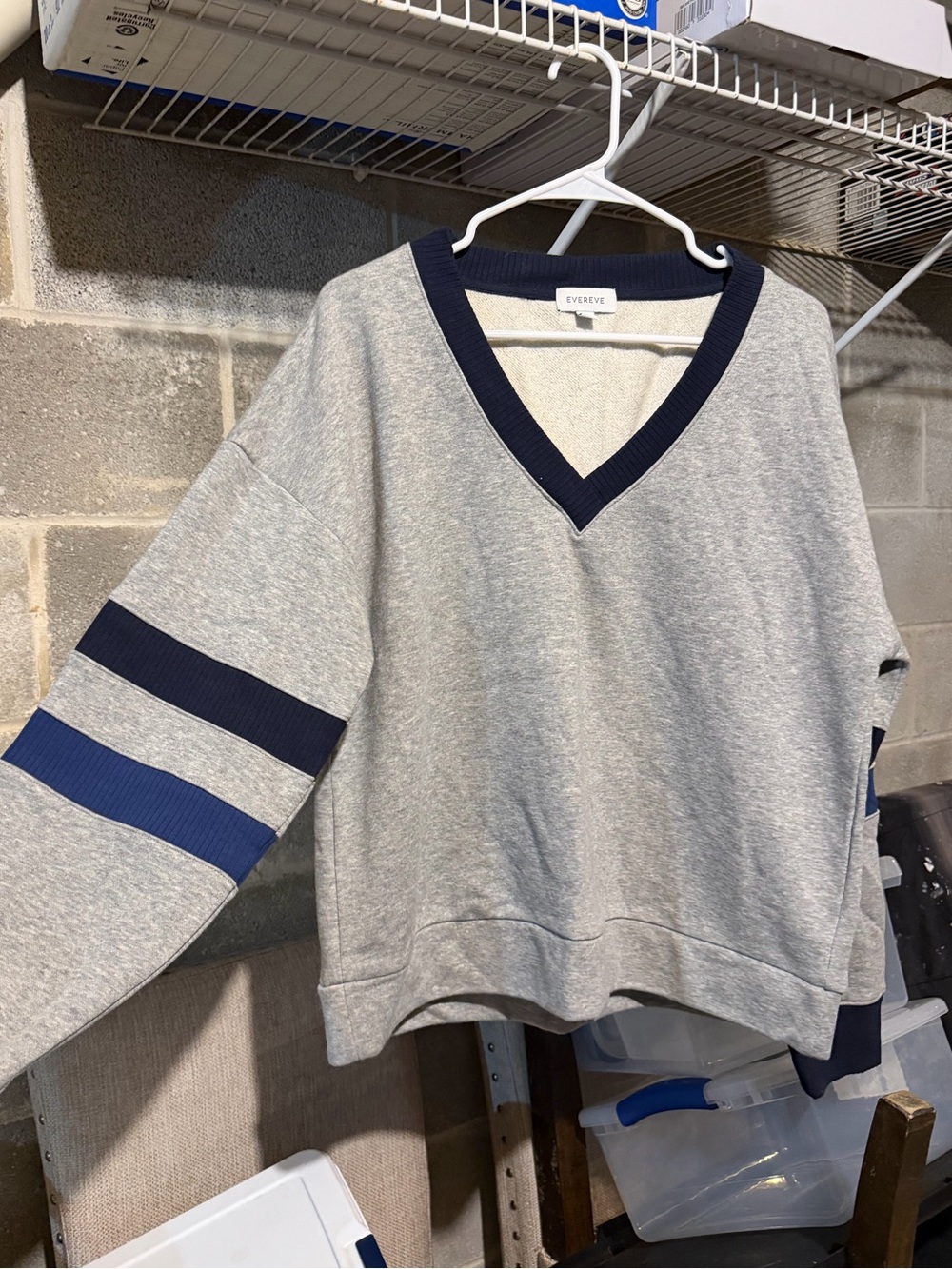 Evereve Light Gray V-Neck Sweater with Navy Trim